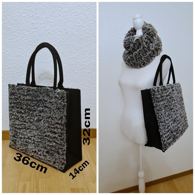 Grand sac fourre tout couvert de tricot avec  fil imitation fourrure Gris 