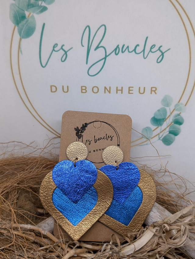 Boucles d&#039;oreilles Double coeur  cuivré bleu dc038