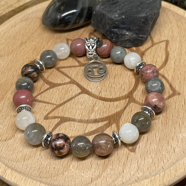 💫♋️🌊Bracelet Signe du Cancer en Labradorite, Rhodonite et Pierre de lune