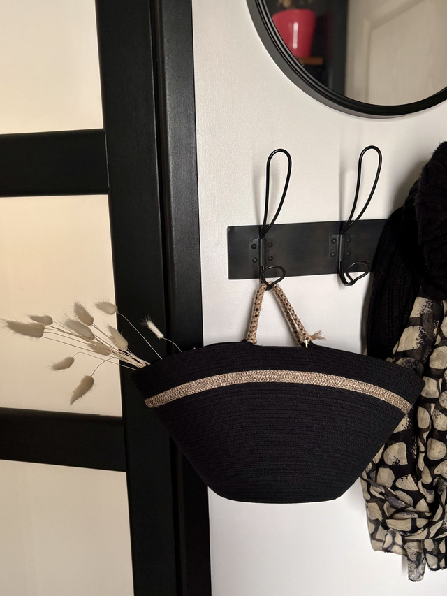 Panier cabas format moyen coton noir &amp; tresse jute 