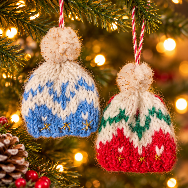 Knitted Christmas Bobble Hat Hanging Decorations – Blue or Red
