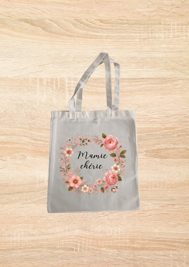 Sac fourre tout mamie chérie motif couronne floral rose