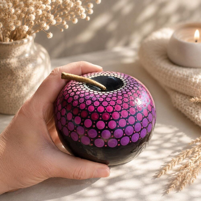 Pomme décorative mandala violet & fuchsia – Peinte à la main