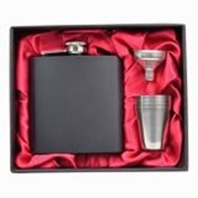 6oz Matt Black Hip Flask in Gift Box with Cups