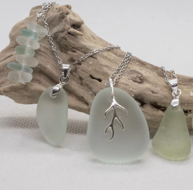 Special sea glass pendant necklaces with white gold plated chain
