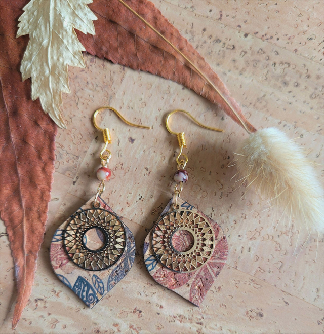Boucles d'oreilles en liège et jaspe mokaïte ༄