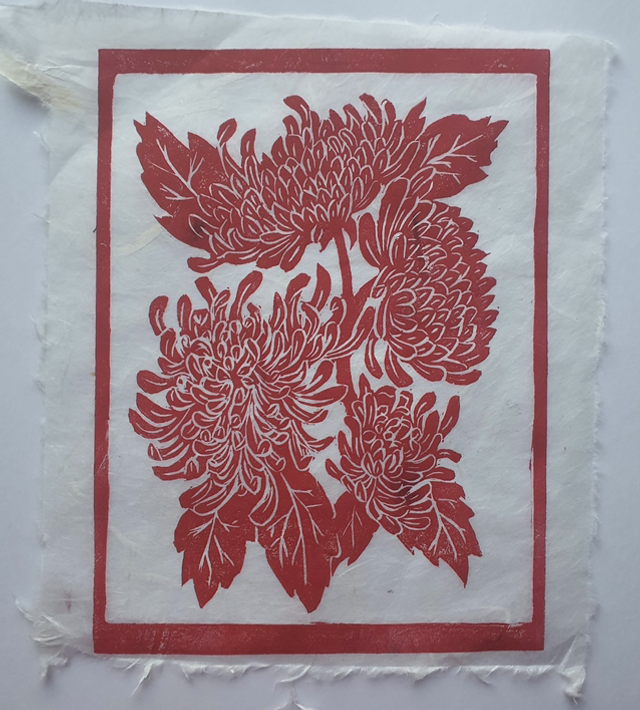 Red chrysanthemum print on Mulberry paper