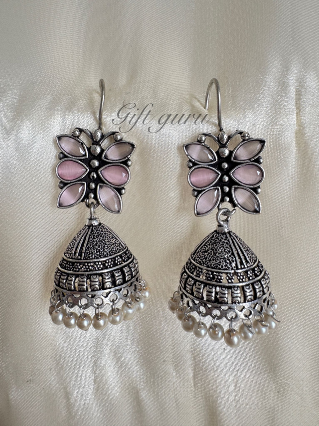 Butterfly Oxidised Jhumkas with Light-Pink Colour Stones