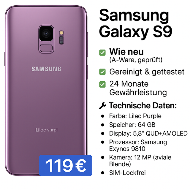 📱 Samsung Galaxy S9 – 64 GB – Lila –