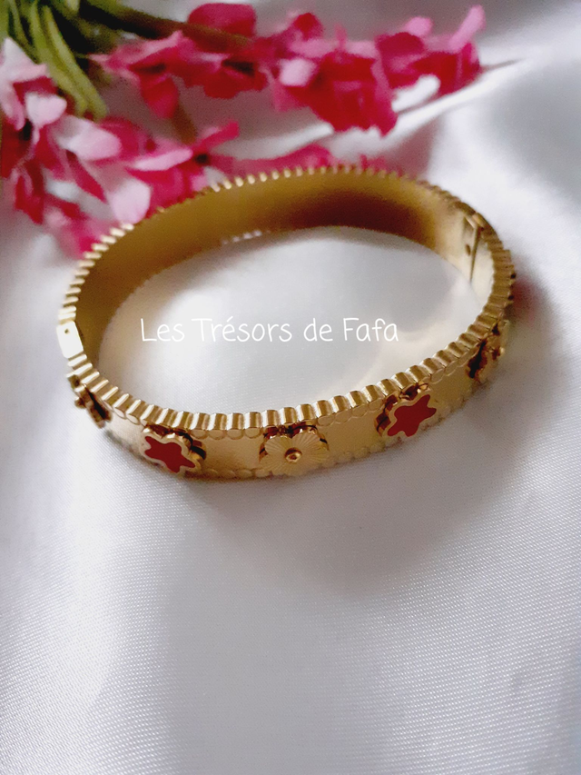 Bracelet jonc fleurs rouges