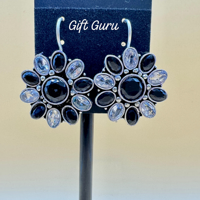 Oxidised black and white stone hanging studs