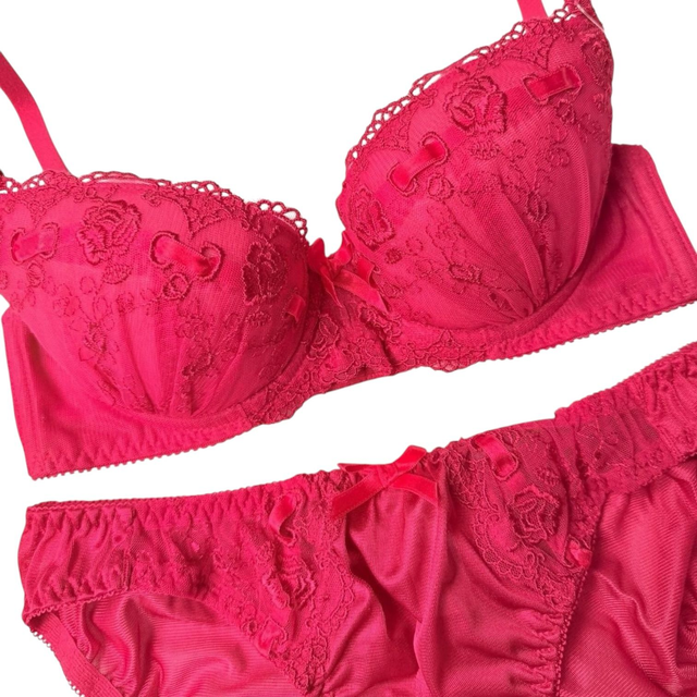 Red lace embroidered floral Japanese Bra + Underwear Set UK 30A