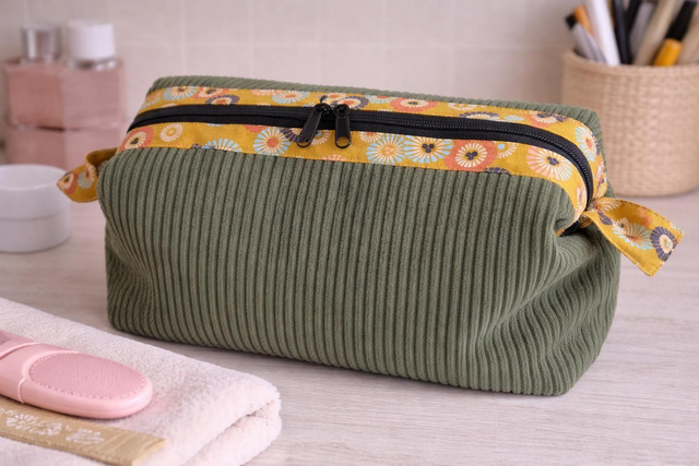 Trousse de toilette velours côtelé kaki