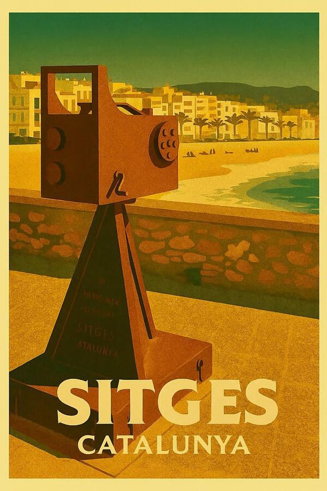 Póster vintage de Sitges con el mirador de la playa de Sitges y una escultura de cámara de hierro de Joan Iriarte.