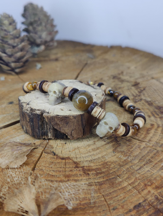 Bracelet homme en pierres naturelles oeil de Tigre & tête de mort Vintage