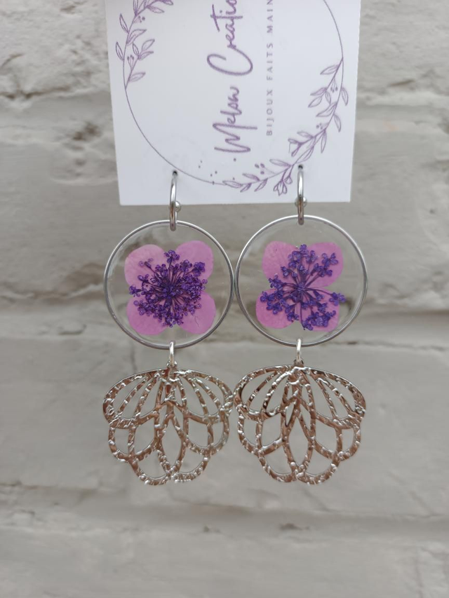 Boucles Fleurs Séchées Rose/Violet &amp; Feuilles
