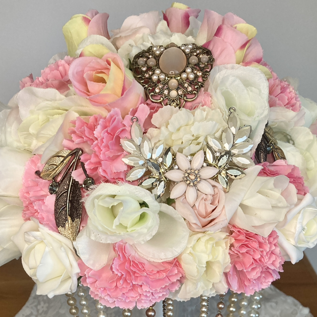 Bridal Brooch Jewel Bouquet with Pink &amp; Cream Flowers and Pearl Strands Vintage and Repurposed Jewellery. Handcrafted and Unique 