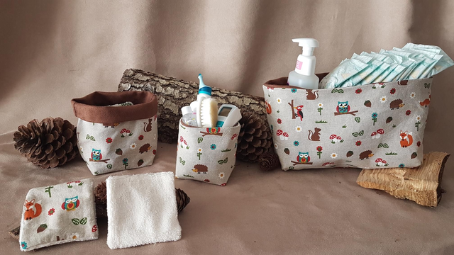 Trio paniers esprit lin animaux de la forêt + 1 moyen panier