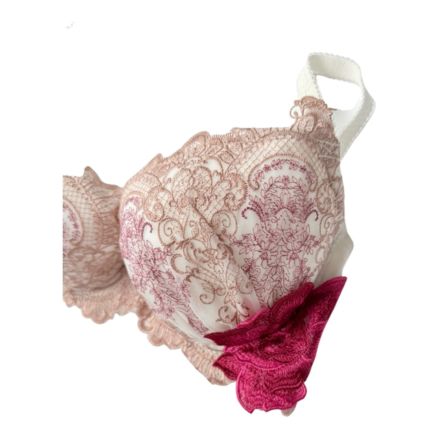 Regal white + brown floral appliqué Japanese Bra UK 32DD
