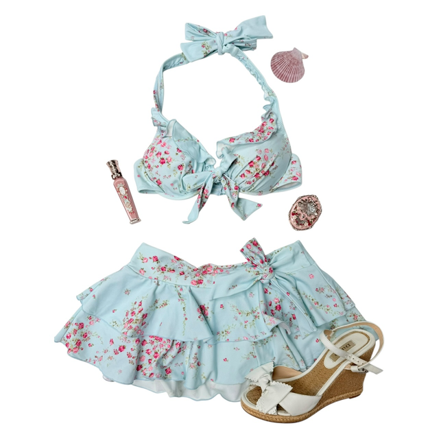 coquette blue and pink floral polka dot japanese 3 piece bikini set 
