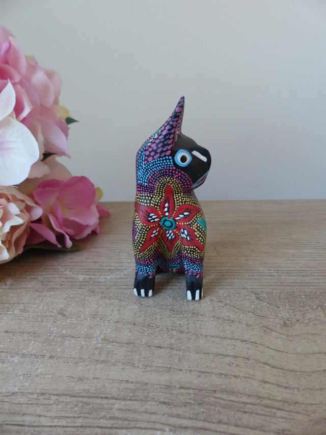 Sculpture sur bois de chat – Art populaire mexicain chat coloré – Alebrije fait main du Mexique