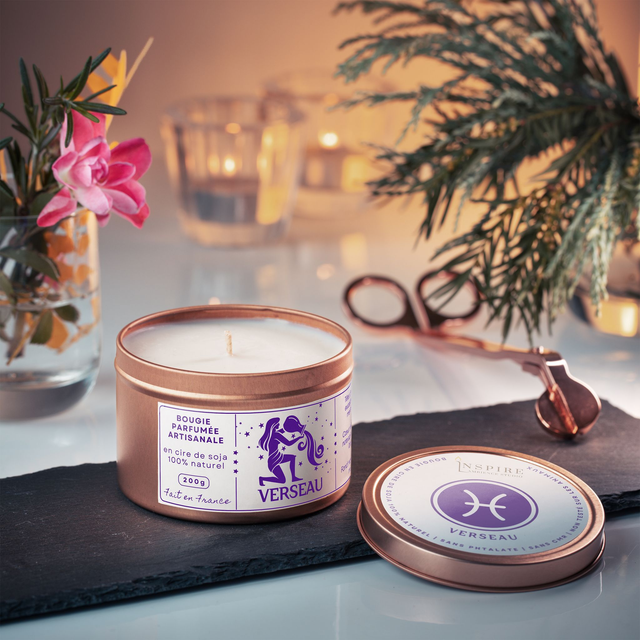 Bougie parfumée aromathérapie en cire de soja 100% naturelle - Verseau, 200g