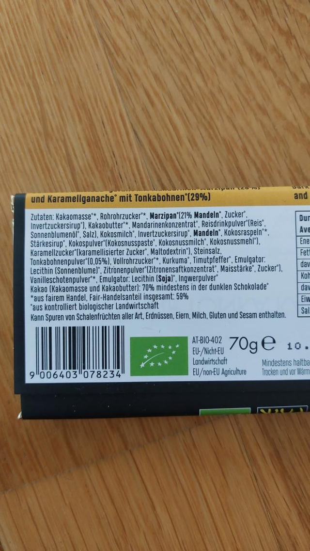 Zotter Tangerine marzipan & tonka bean caramel filled vegan handscooped bar