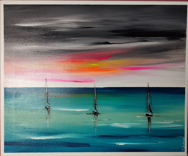 tableau Moderne abstrait - art contemporain - marine colorée bateaux voiliers