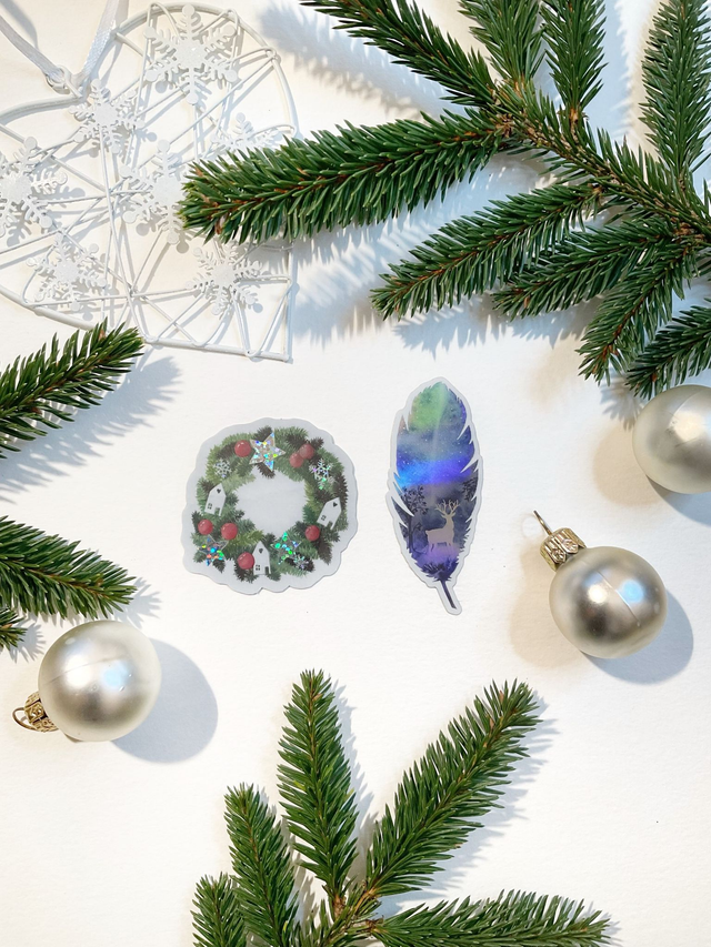 Lot de 2 Stickers « Plume » holographique et « Couronne de Noël » pailletée