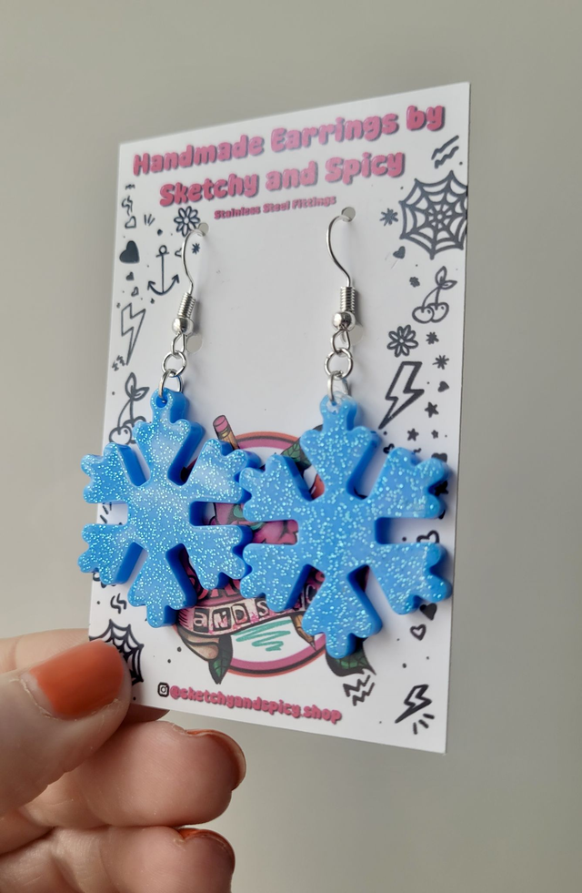Earrings | Blue Glitter Snowflake Earrings | Stainless Steel Hooks