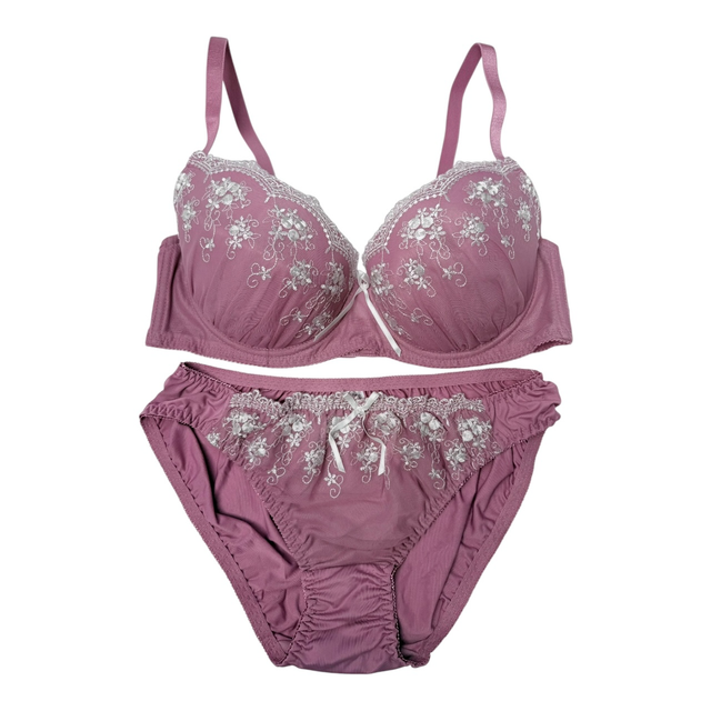 mauve/ dark pink floral Embroidered Japanese Bra + Underwear Set UK 36D