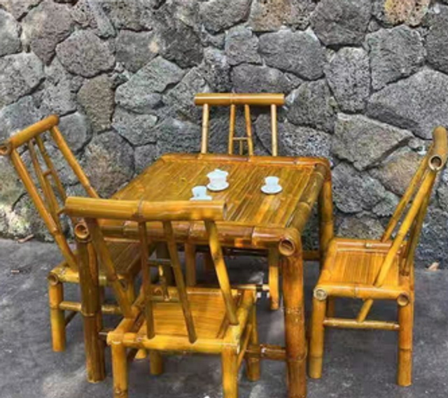 Vintage Bamboo Tea Table and Chair Set for Courtyard Use【老式竹桌茶桌围炉煮茶组合】