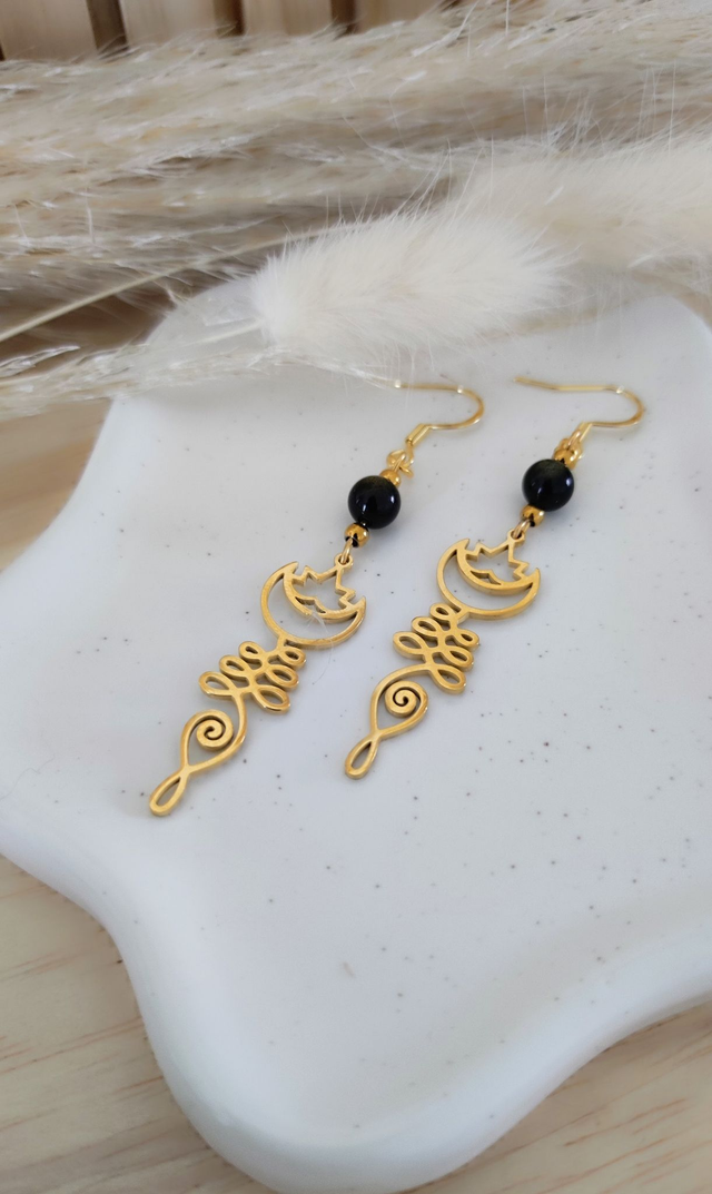 Boucles d'oreilles Fleur de lotus Unalome et Obsidienne dorée