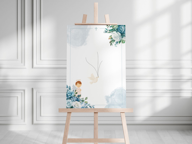 Affiche à empreinte personnalisée A3 Baptême Fleurs & Blush bleu