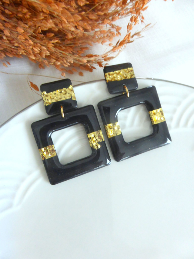 Boucles d&#039;oreilles carrées noires - Nuit dorée