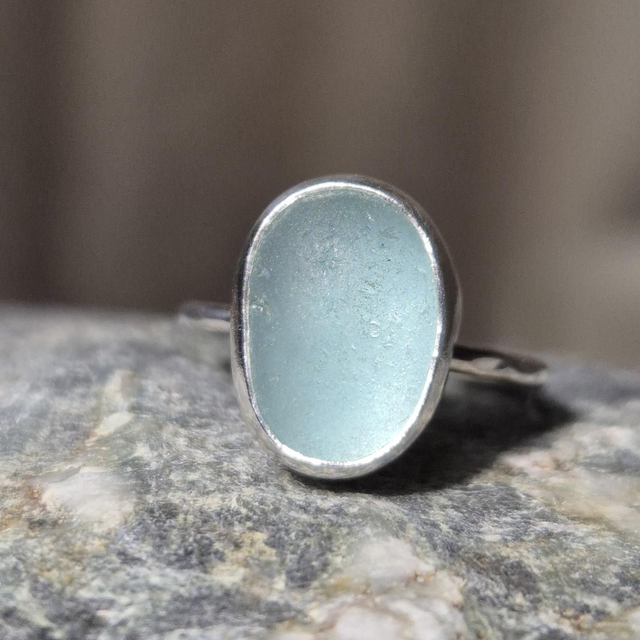 Size M Pale Aqua Sea Glass and Sterling Silver Ring Fully Hallmarked 