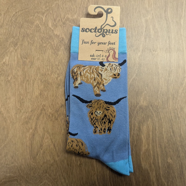 Highland Coo Socks - Adult 4-8, Denim blue/aqua blue