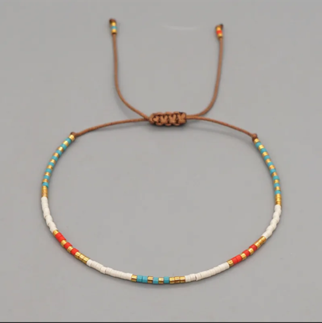 Seed Bead Boho Bracelet - Blue, Gold, Cream &amp; Coral