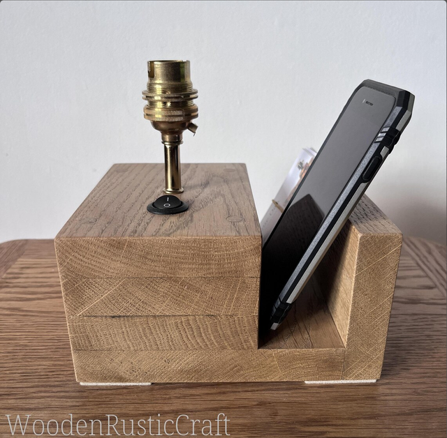 Oak Lamp with Phone &amp; Business Card Holder