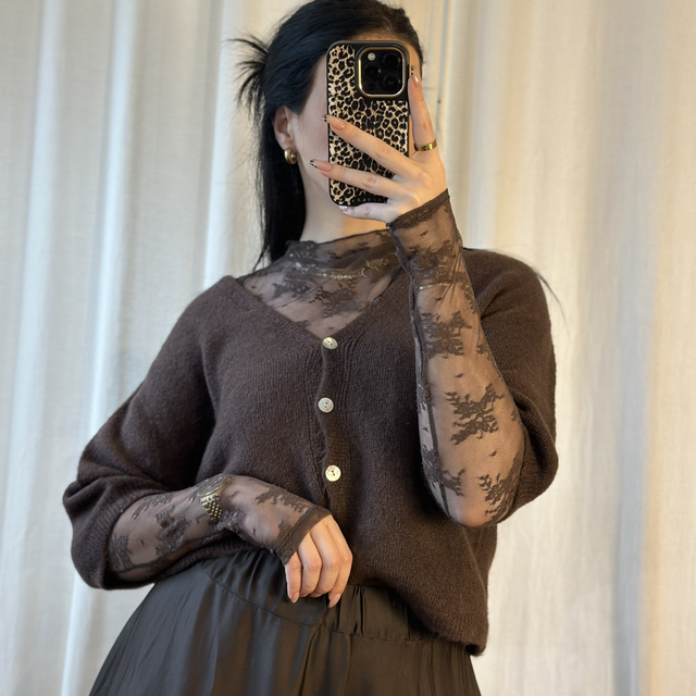 Spitzen Langarm Oberteil braun 