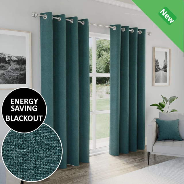 Enhanced Living Austin Teal 100% Blackout Textured Linen Look Readymade Eyelet Curtains