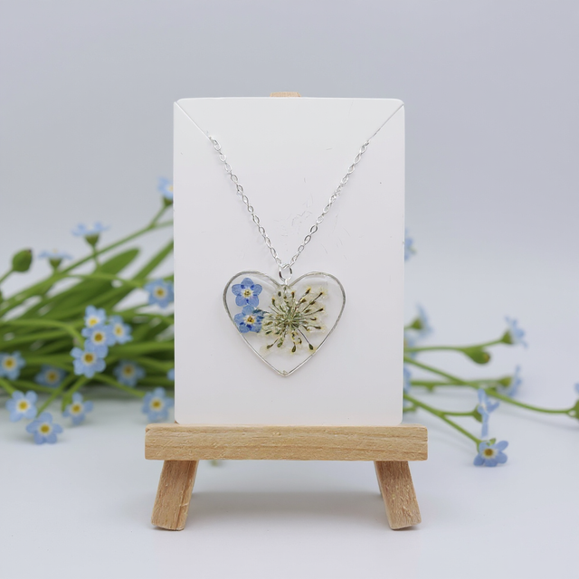 Forget-Me-Not Heart-Shaped Necklace, Silver-Plated Necklace