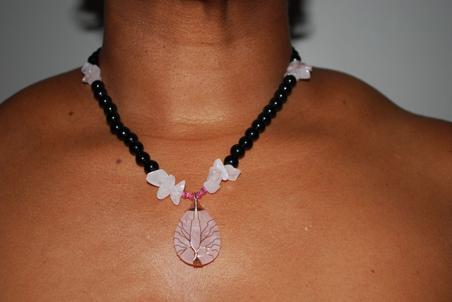Collier quartz rose et obsidienne