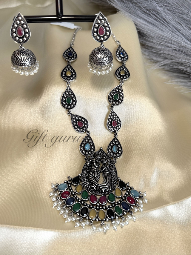 Radha Krishna Pendant Haram – Multi-Color Stone Necklace Set ✨