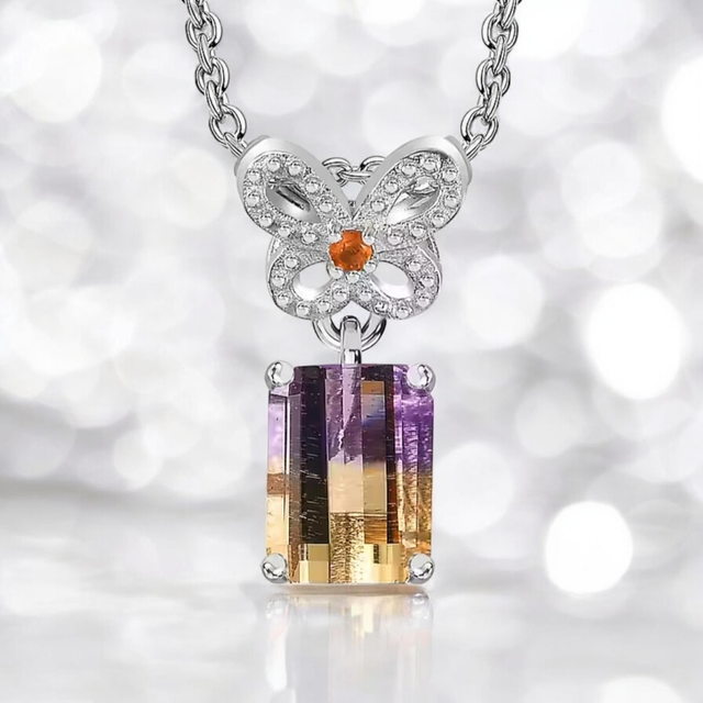 Ametrine &amp; Fire Opal Pendant with Chain in Platinum Vermeil.