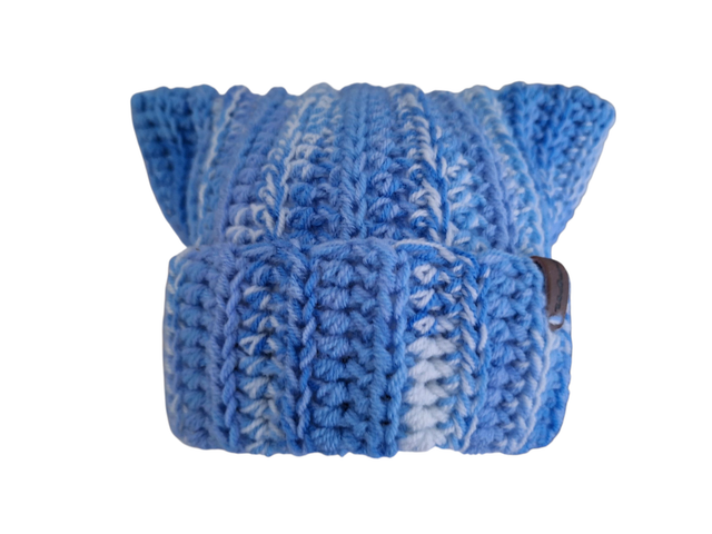 Catbeanie Blau/Hellbalu/Weiß - Gehäkelte Mütze, Katzenmütze, Mütze mit Katzenohren, Unikat, handmade - Einzelstück
