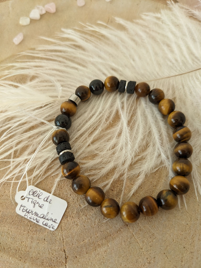 Bracelet Oeil de Tigre, Tourmaline et Pierre de lave