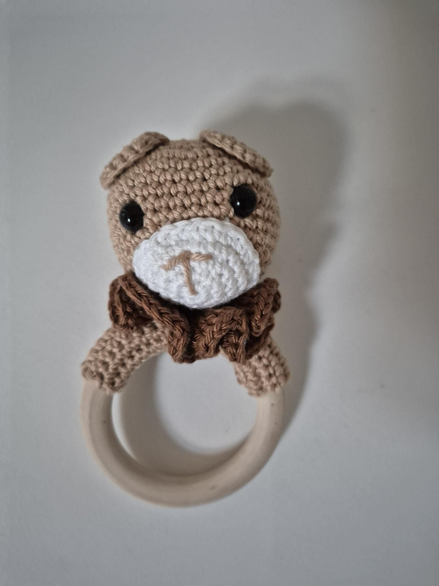 Hochet - Anneau de dentition Ourson col marron avec grelot 