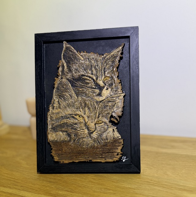 Tableau animalier en relief en bois gravé – Cadre 13x18 cm – Décoration artisanale