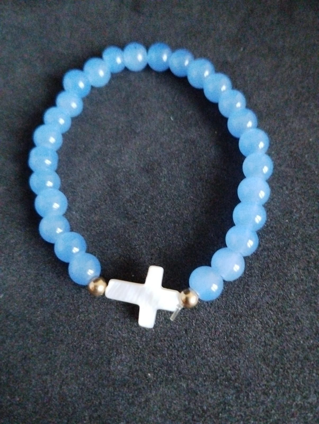 Bracelet en Larimar &amp; Croix en Nacre 